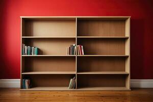 di legno libreria con libri su scaffali vicino un' rosso parete su un' di legno pavimento. generato di artificiale intelligenza foto