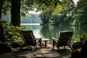 Due sedie per rilassante su il banca di un' calma fiume nel il foresta. campeggio, ricreazione. generato di artificiale intelligenza foto