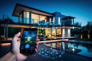 smartphone con inteligente casa applicazione nel mano. inteligente casa concetto. a distanza controllo e casa controllo. generato di artificiale intelligenza foto