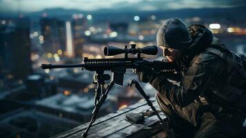 un' uomo nel camuffare è mirando a un' città, ai generativo foto