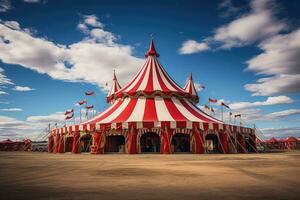 circo tenda contro il blu cielo con nuvole. circo manifesto, manifesto. mondo circo giorno. generato di artificiale intelligenza foto