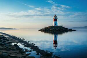 faro su il riva del mare, bellissimo paesaggio. paesaggio marino, segnale edificio su il spiaggia. costiero paesaggio con un' faro. generato di artificiale intelligenza foto