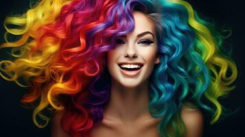 bellissimo donna con multicolore arcobaleno capelli e creativo acconciatura. ai generativo foto