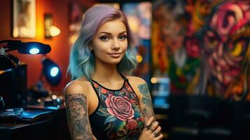 giovane attraente femmina tatuaggio artista nel un' tatuaggio salotto. ai generativo foto