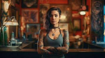 giovane attraente femmina tatuaggio artista nel un' tatuaggio salotto. ai generativo foto