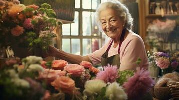 anziano amichevole donna fioraio nel un' fiore negozio. un' donna prepara mazzi di fiori ai generativo foto