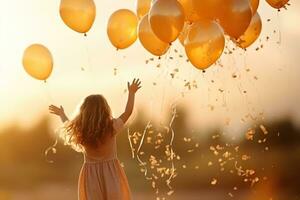 poco ragazza con d'oro palloncini nel natura nel il raggi di tramonto. vacanza per bambini. contento infanzia. generato di artificiale intelligenza foto