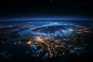 Visualizza di il città a notte a partire dal sopra attraverso il nuvole. generato di artificiale intelligenza foto
