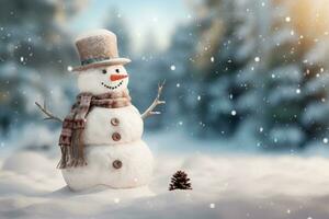 ai generato un' pupazzo di neve in piedi su il sfondo di un' inverno paesaggio foto