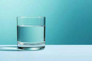 ai generato un' bicchiere di pulito potabile acqua su un' leggero blu sfondo foto