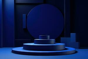 buio blu piedistallo nel nero camera con geometrico forme. podio per Prodotto vetrina. generato ai. foto