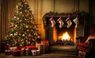 Natale vacanze nel il camera con il camino. Natale albero e i regali nel decorato per inverno vacanze camera. generato ai. foto
