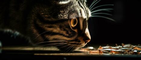 carino gatto Guardando il pesce. divertente gattino annusando il pesce. generato ai. foto