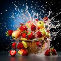 un' cestino di fresco frutta con un' acqua spruzzo effetto, ai generativo foto