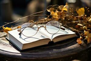 bicchieri su un Aperto libro su un autunno sfondo. generato di artificiale intelligenza foto
