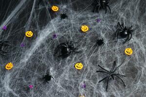 contento Halloween bandiera modello, zucche, pipistrelli e ragni su nero sfondo. foto