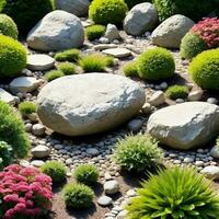 giardino decorato con rocce e fiori e impianti isolato su bianca sfondo. ai generativo foto