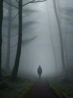 un' solitario figura a piedi attraverso un' nebbioso foresta. ai generativo foto