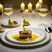 un' visivamente Impressionante piatto di scottato foie gras accentato con un' delicato Pera e sauterne composta. ai generativo foto