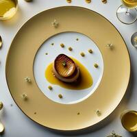 un' visivamente Impressionante piatto di scottato foie gras accentato con un' delicato Pera e sauterne composta. ai generativo foto