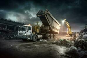 spazzatura camion dumping. creare ai foto