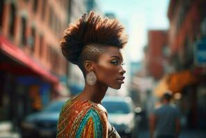 sfocato ritratto di africano femmina modello. creare ai foto