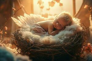 neonato bambino addormentato nel soffice nido. creare ai foto
