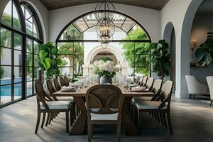 un' lussuoso moderno cenare tavolo, con elegante Linee e elegante sedie, è il centrotavola di un' elegante e sofisticato casa interno. generativo ai foto