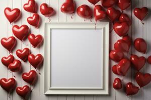 un vuoto foto telaio, circondato di rosso amore e san valentino decorazione, modello, copia spazio ai generato