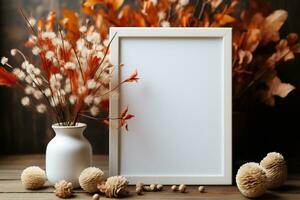 un vuoto foto telaio, circondato con autunno le foglie e decorazione, modello, copia spazio ai generato