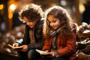 bambini lettura libro a un' sfocato biblioteca sfondo ai generato foto