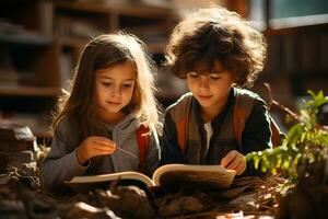 bambini lettura libro a un' sfocato biblioteca sfondo ai generato foto