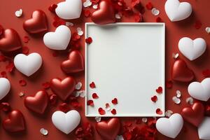 un vuoto foto telaio, circondato di rosso amore e san valentino decorazione, modello, copia spazio ai generato