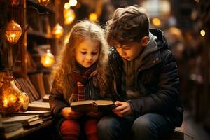 bambini lettura libro a un' sfocato biblioteca sfondo ai generato foto