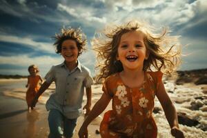bambini felicemente in esecuzione a il spiaggia ai generato foto
