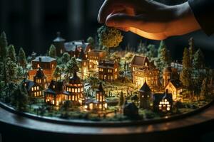 hobbista preparazione un' miniatura di un' mini villaggio diorama ai generato foto