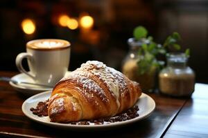 brioche servito con latte macchiato su un' sfocato bar sfondo ai generato foto