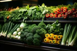 varietà genere di verdure su scaffali a supermercato ai generato foto