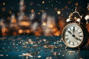 un' orologio, stelle e Palloncino decorazione per nuovo anno celebrazione. elegante design per nuovo anno saluto carta. copia spazio, posto per testo. ai generato foto