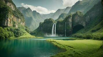 un' sereno, tranquillo lago annidato nel un' verdeggiante valle, circondato di torreggiante scogliere e a cascata cascate, natura sfondo ai generativo foto