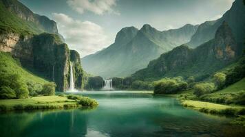 un' sereno, tranquillo lago annidato nel un' verdeggiante valle, circondato di torreggiante scogliere e a cascata cascate, natura sfondo ai generativo foto