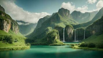 un' sereno, tranquillo lago annidato nel un' verdeggiante valle, circondato di torreggiante scogliere e a cascata cascate, natura sfondo ai generativo foto