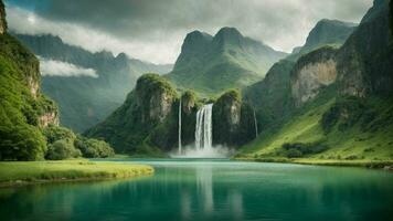 un' sereno, tranquillo lago annidato nel un' verdeggiante valle, circondato di torreggiante scogliere e a cascata cascate, natura sfondo ai generativo foto