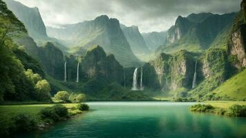 un' sereno, tranquillo lago annidato nel un' verdeggiante valle, circondato di torreggiante scogliere e a cascata cascate, natura sfondo ai generativo foto