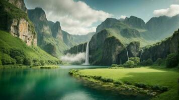 un' sereno, tranquillo lago annidato nel un' verdeggiante valle, circondato di torreggiante scogliere e a cascata cascate, natura sfondo ai generativo foto