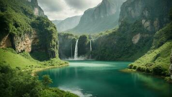 un' sereno, tranquillo lago annidato nel un' verdeggiante valle, circondato di torreggiante scogliere e a cascata cascate, natura sfondo ai generativo foto