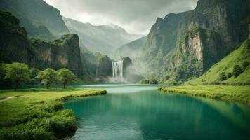 un' sereno, tranquillo lago annidato nel un' verdeggiante valle, circondato di torreggiante scogliere e a cascata cascate, natura sfondo ai generativo foto