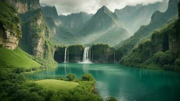 un' sereno, tranquillo lago annidato nel un' verdeggiante valle, circondato di torreggiante scogliere e a cascata cascate, natura sfondo ai generativo foto