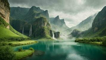 un' sereno, tranquillo lago annidato nel un' verdeggiante valle, circondato di torreggiante scogliere e a cascata cascate, natura sfondo ai generativo foto
