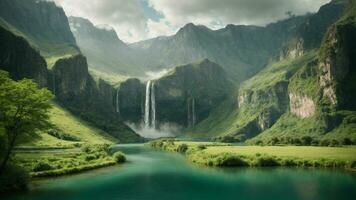 un' sereno, tranquillo lago annidato nel un' verdeggiante valle, circondato di torreggiante scogliere e a cascata cascate, natura sfondo ai generativo foto